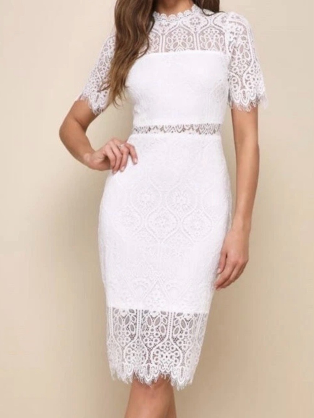 Lulus Sz M Remarkable White Lace Dress Midi Sheath Romantic Elegant Bridal
